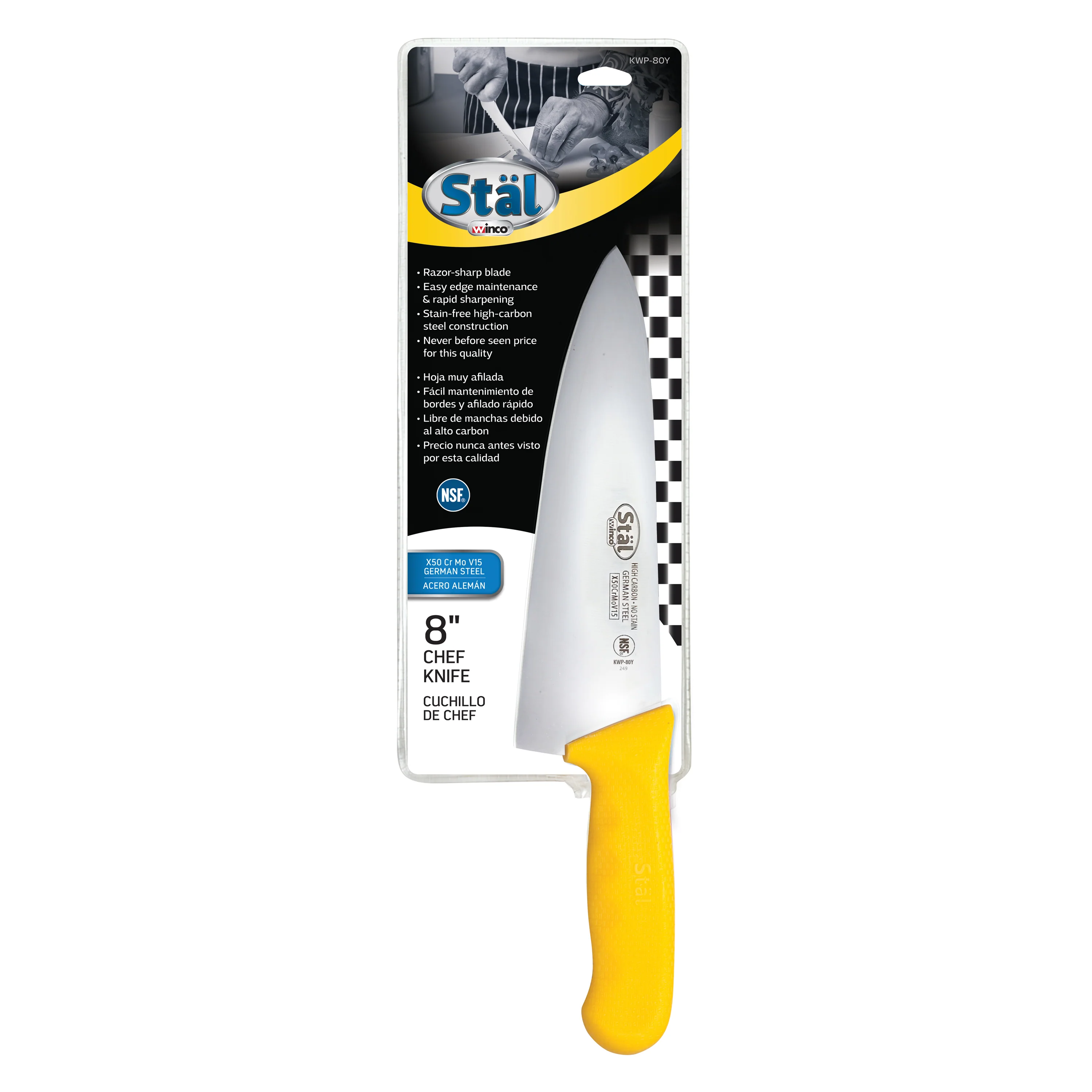 Winco KWP-80Y 8 Inch Blade Yellow Polypropylene Chef Knife Stamped - Image 3