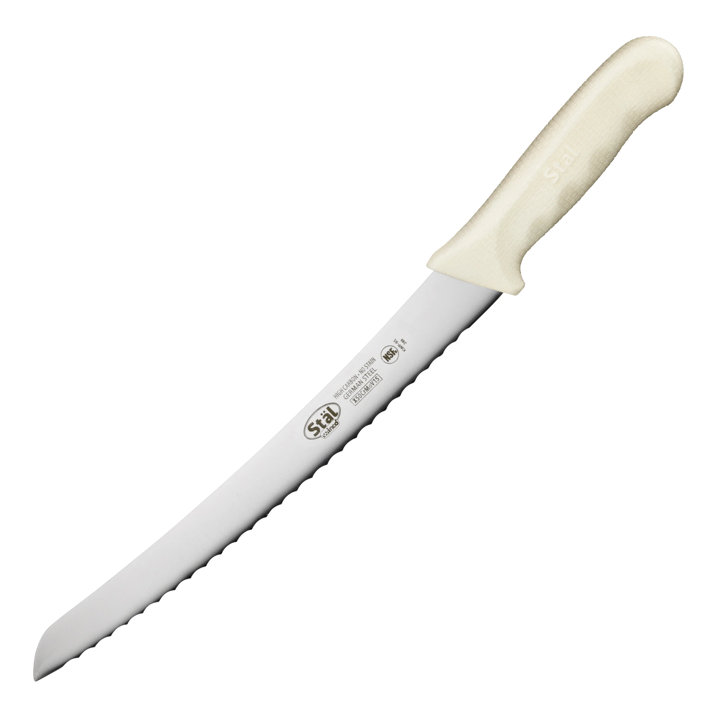 Winco KWP-91 9-1/2 Inch Blade 14-3/4 Inch O.A.L. Bread Knife Curved High Carbon Steel White Polypropylene Handle - Image 2