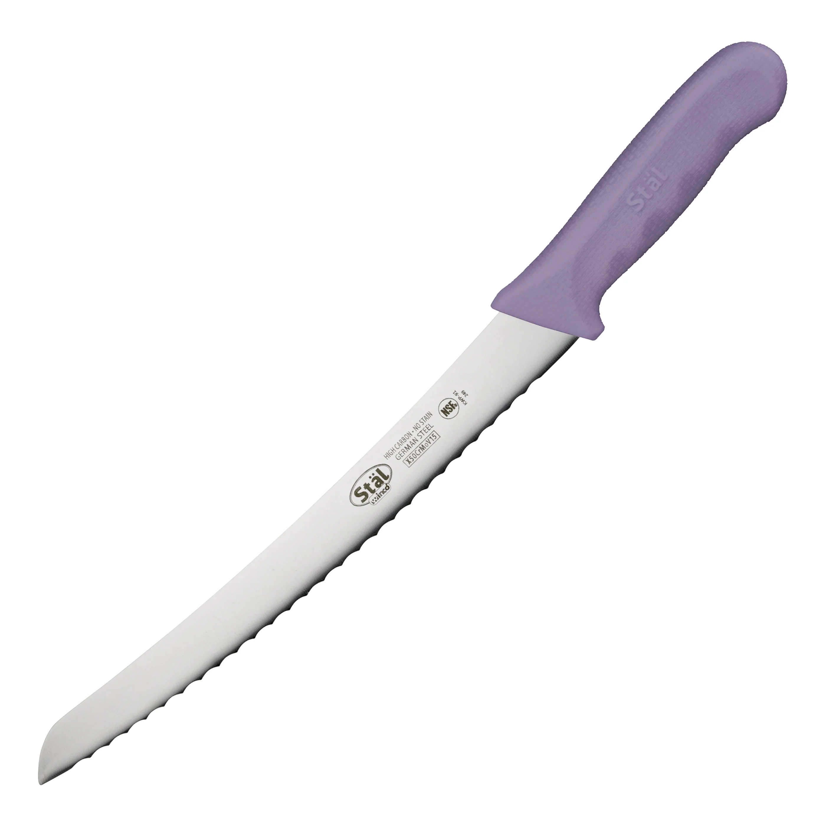 Winco KWP-91P 9-1/2 Inch Blade 14-3/4 Inch Overall Length Bread Knife Purple Handle High Carbon Steel - Image 2