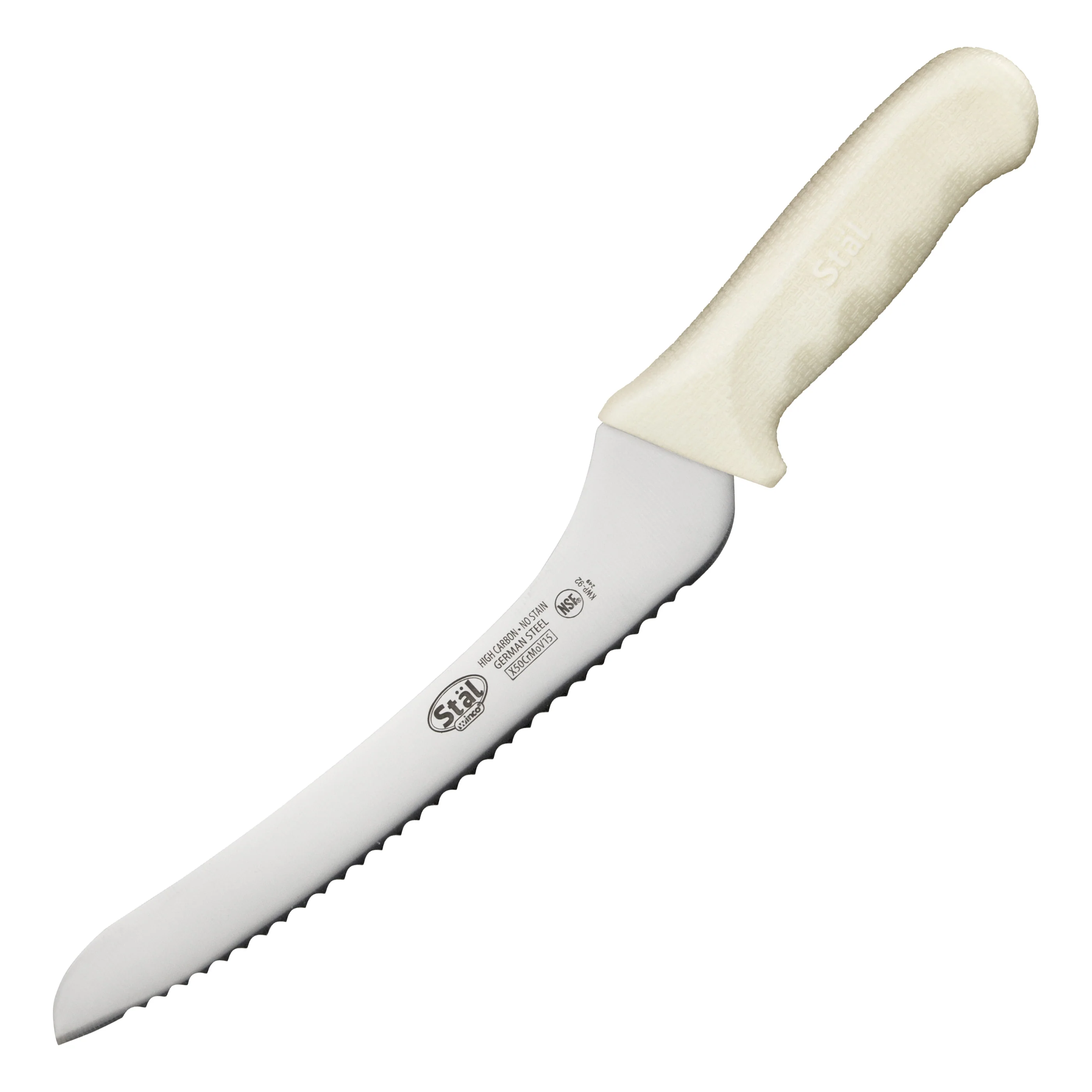 Winco KWP-92 9 Inch Blade 14-1/4 Inch Overall Length Bread Knife Offset High Carbon Steel White Polypropylene Handle - Image 3