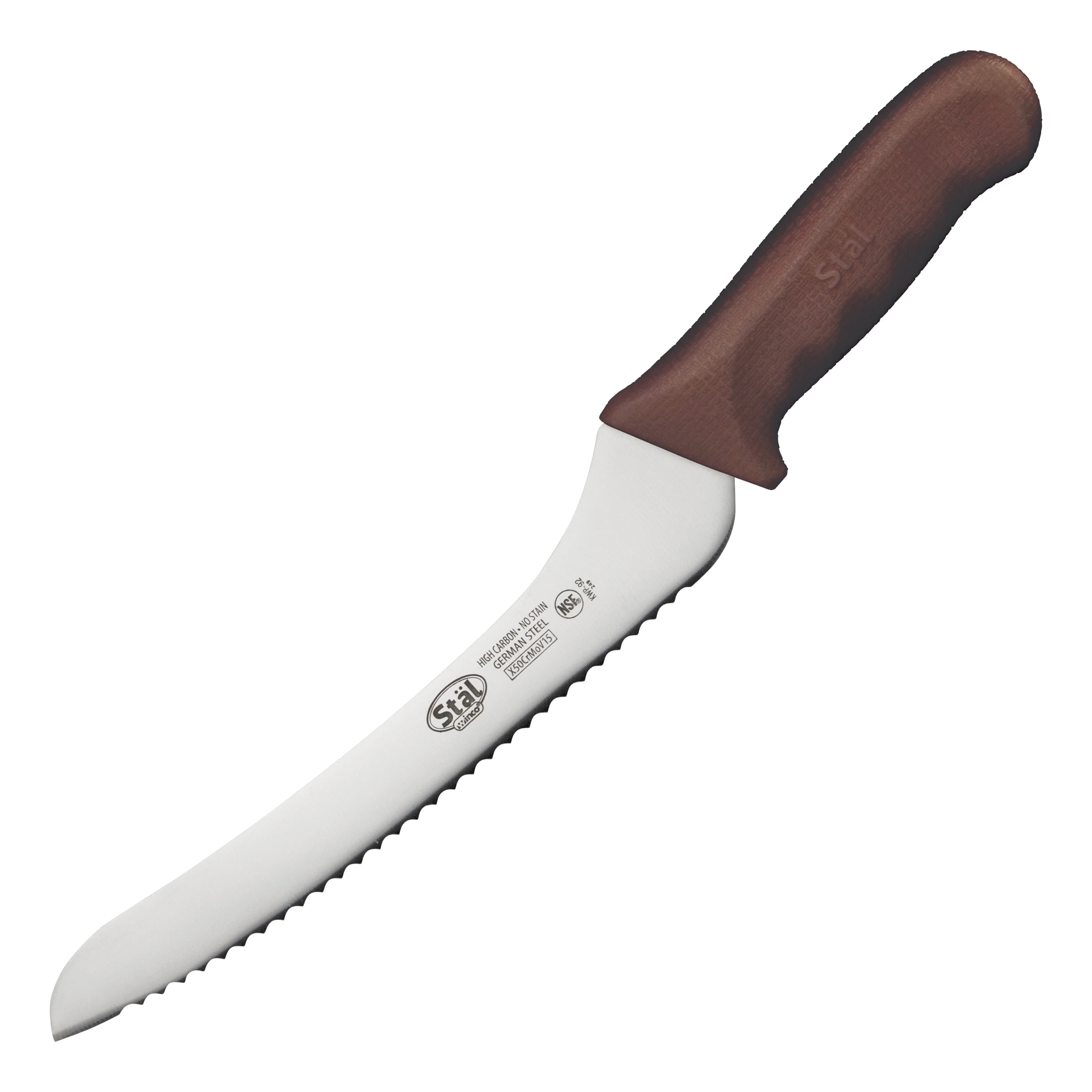 Winco KWP-92N 9 Inch Blade 14-1/4 Inch O.A.L. Bread Knife Offset High Carbon Steel Brown Polypropylene Handle - Image 2