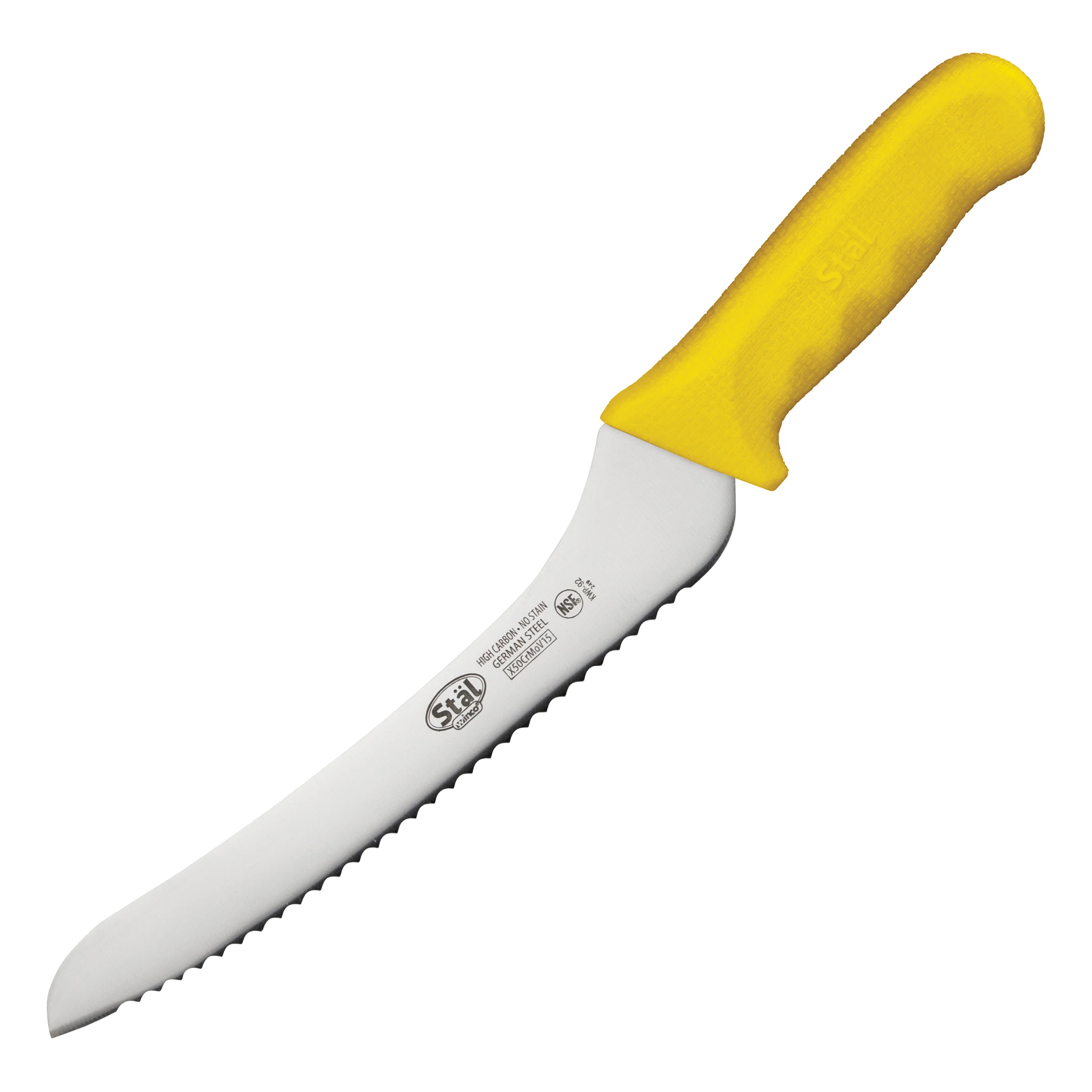 Winco KWP-92Y 9 Inch Blade 18-1/4 Inch Overall Length Bread Knife Offset Polypropylene Yellow High Carbon Steel - Image 2