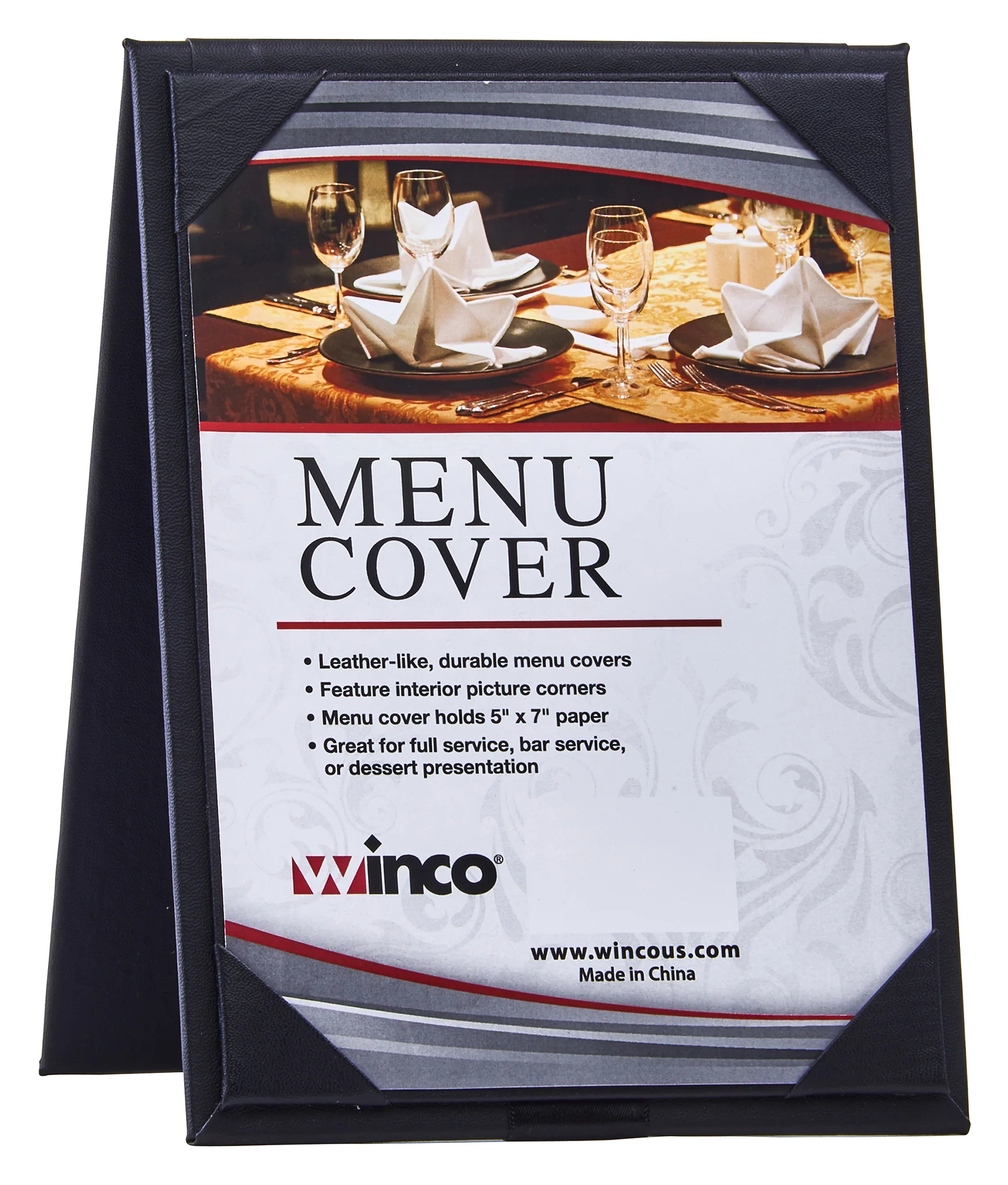 Winco LMTD-57BK 5 Inch Black Leatherette Double View Menu Cover Table Tent - Image 2