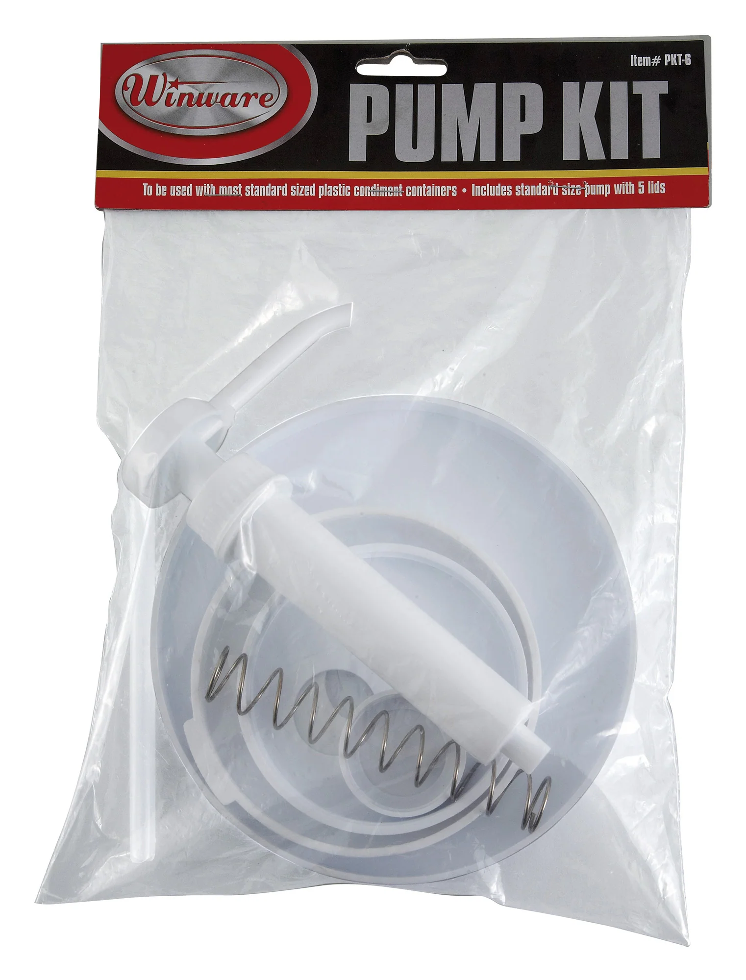 Winco PKT-6 9 Inch Pump Kit with 5 Lids Plastic White Condiment Syrup Pump - Image 3