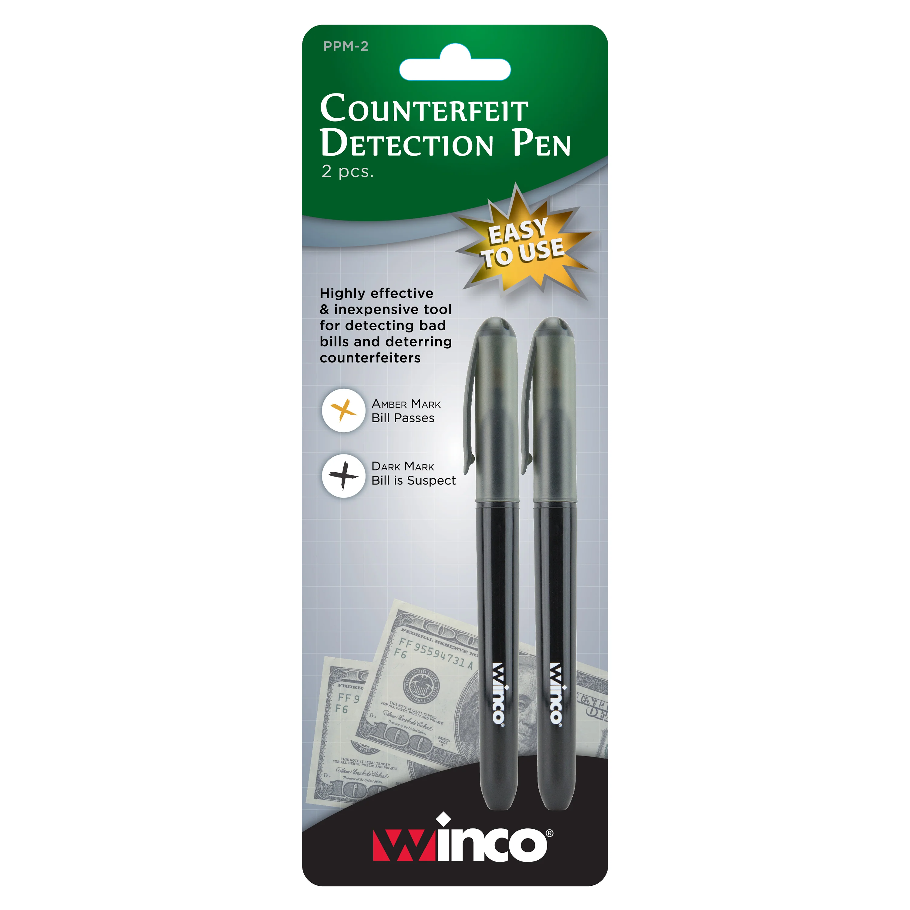 Winco PPM-2 Counterfeit Detection Pen Black with Chemical Reactive Ink 2 Packs - Image 3