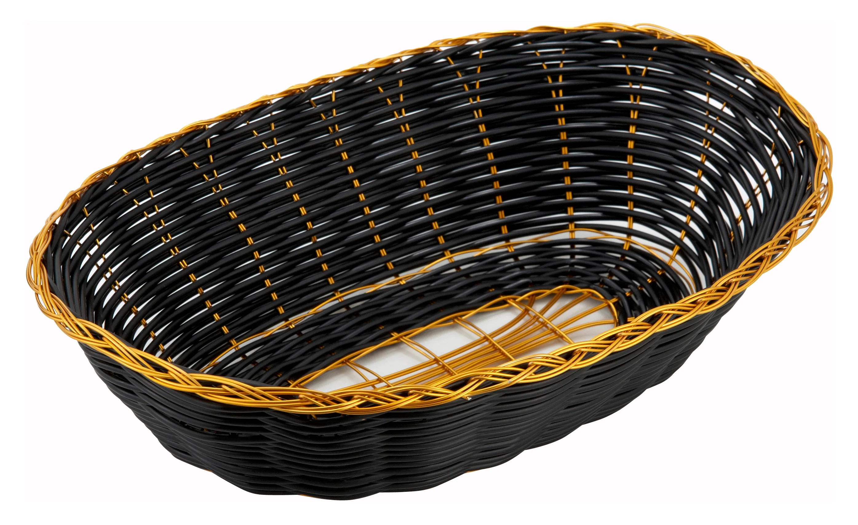 Winco PWBK-9V 9 Inch Oval Woven Basket Black with Gold Trim Polypropylene - Image 2