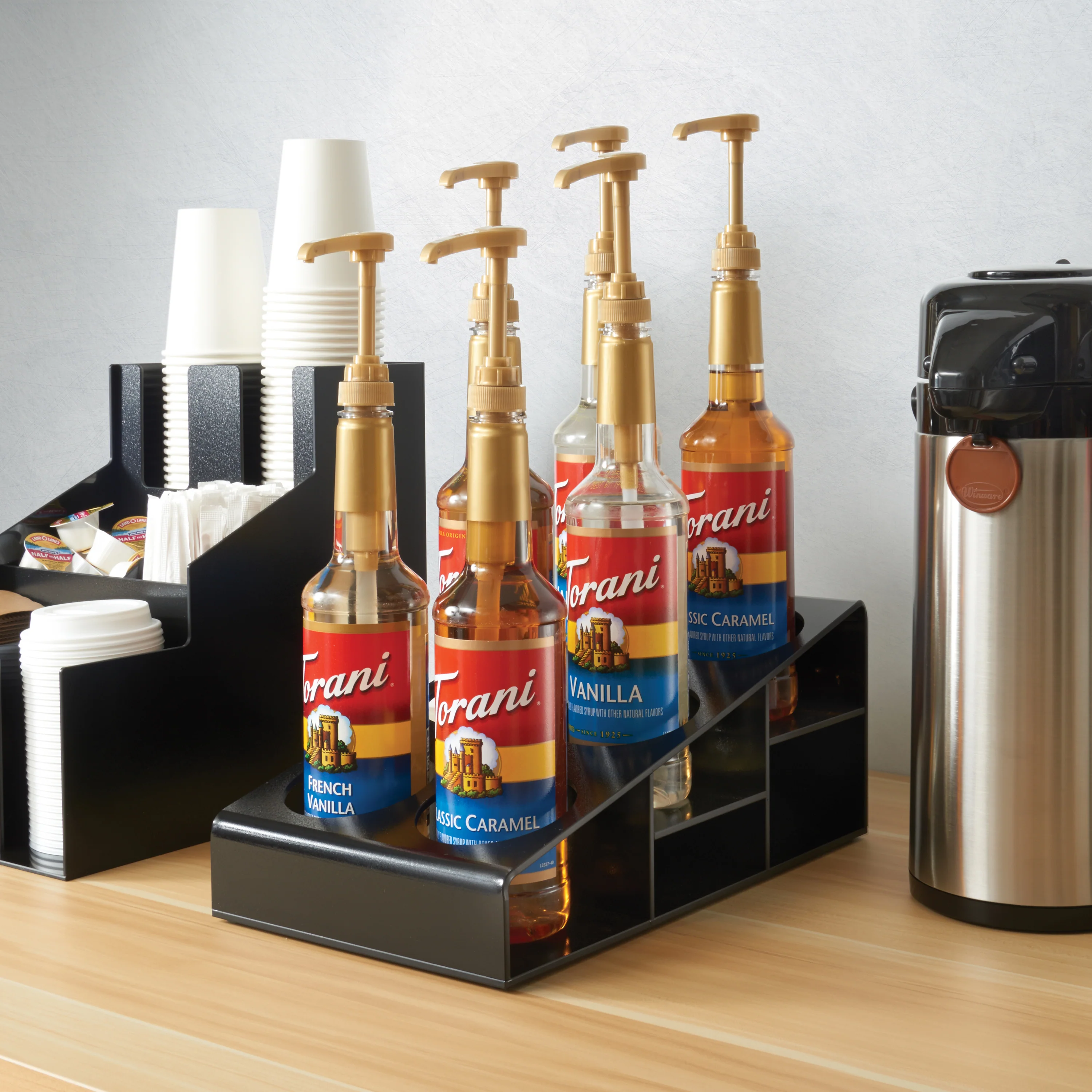 Winco SBO-6C Syrup/Condiment Bottle Organizer, 6-Compartments, 3.5"Dia, Plastic, Black - Image 5