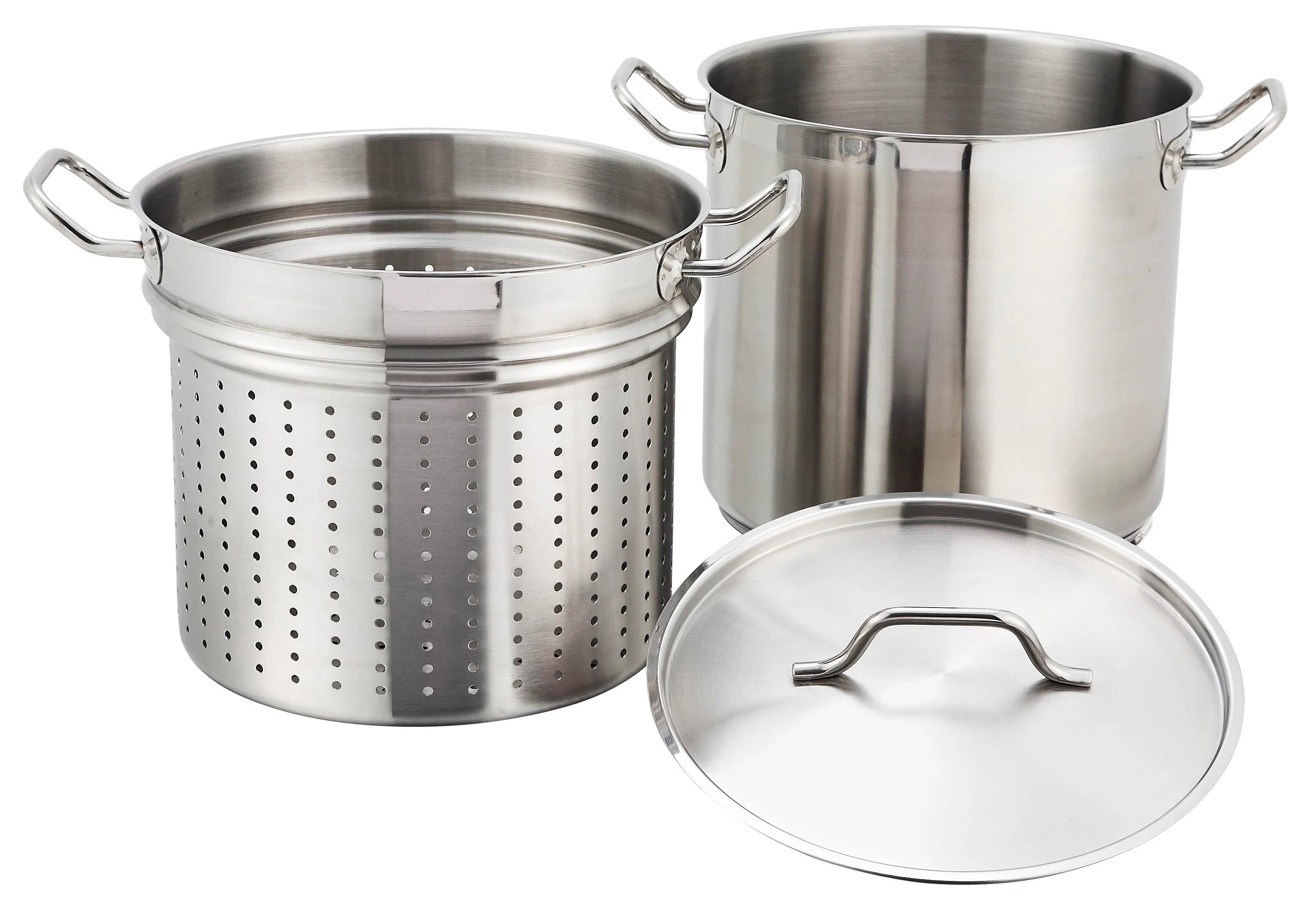 Winco SSDB-12S 12 Qt Steamer Pasta Cooker Round Perforated with Cover Stainless Steel Induction Ready - Image 5