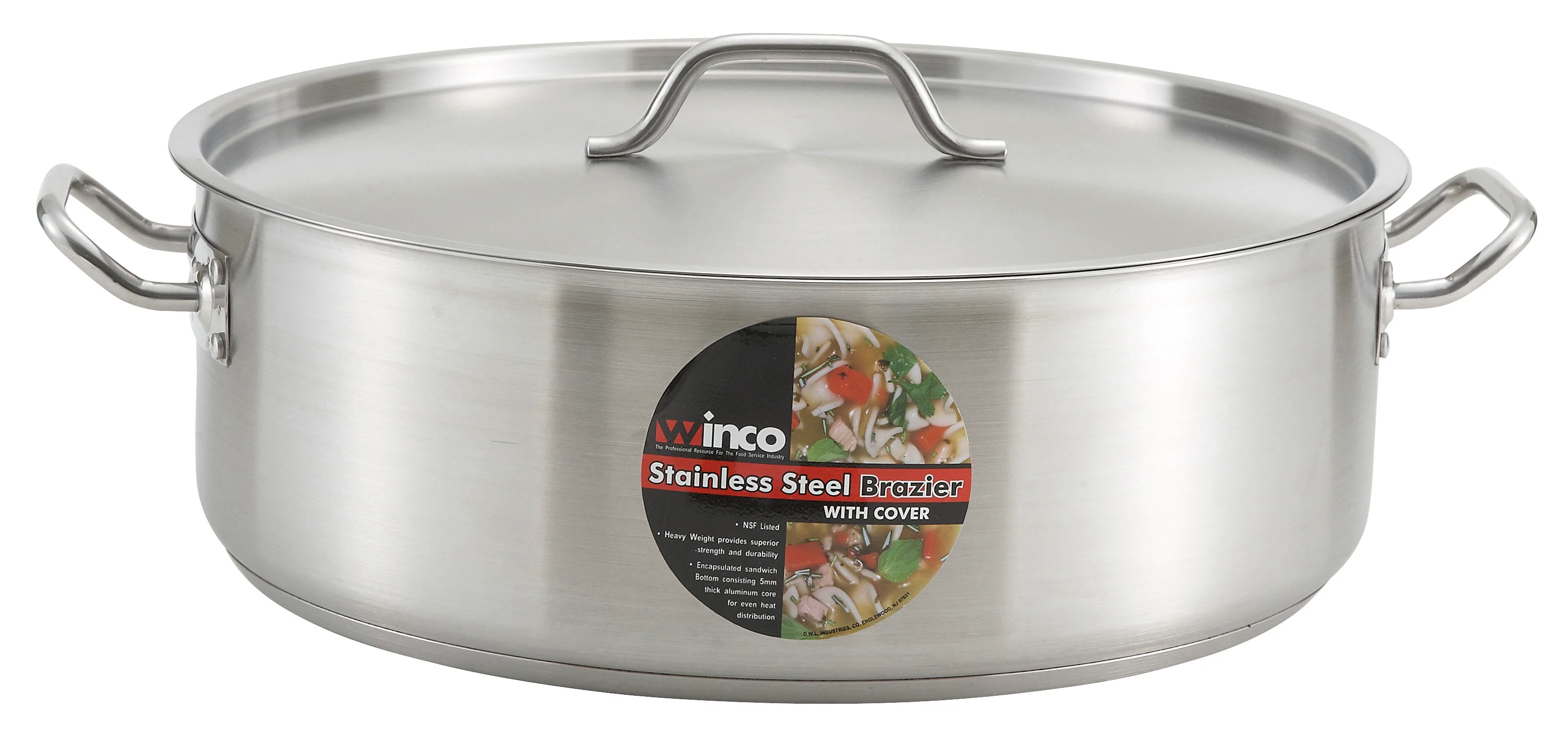 Winco SSLB-10 10 Quart Brazier Pan with Cover Tri-ply Stainless Steel Induction Ready - Image 2