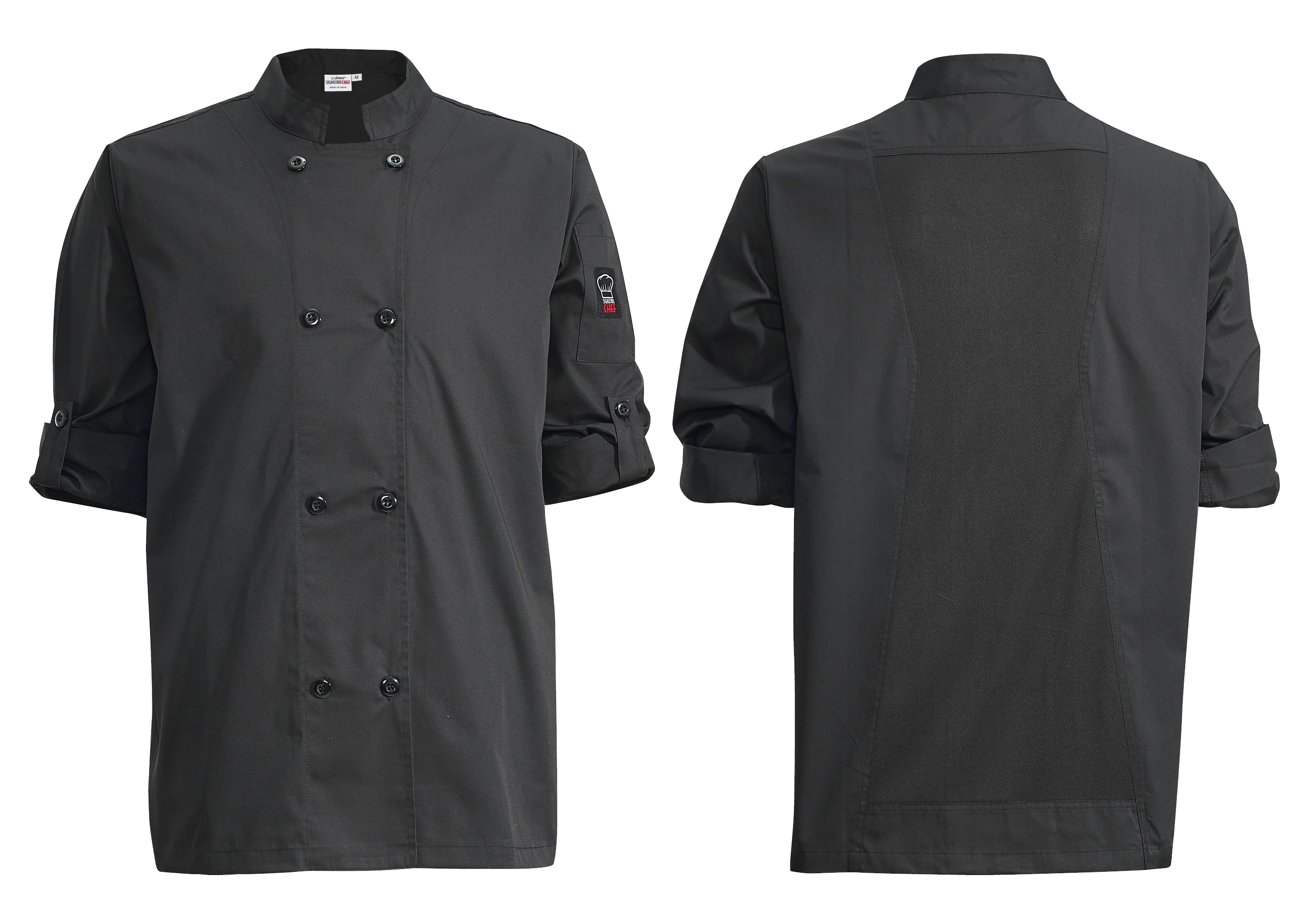 Winco UNF-12KM Medium Tapered Fit Ventilated Chef Jacket Black Poly-Cotton - Image 2