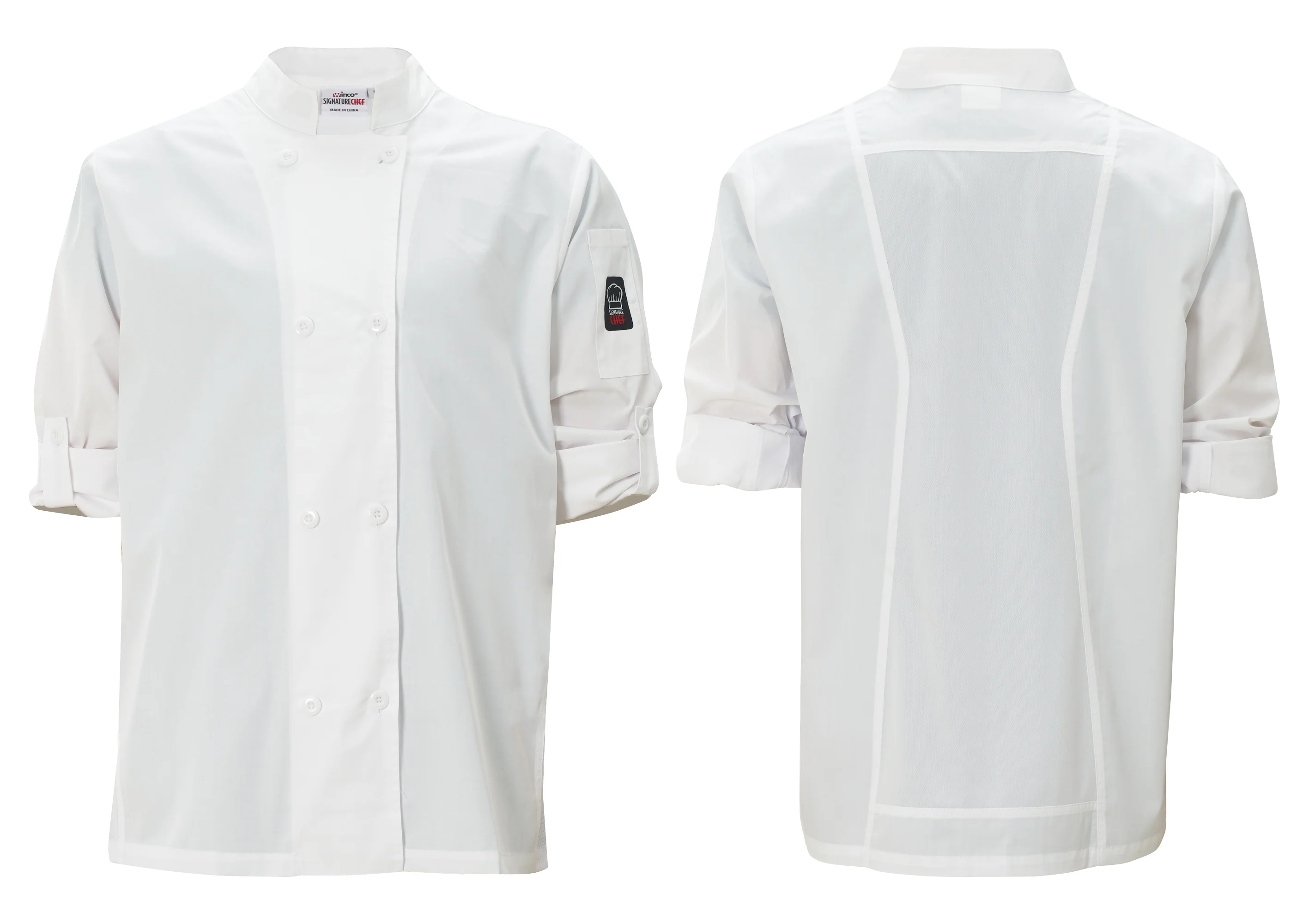 Winco UNF-12WM Medium Chef Jacket Roll-Tab Ventilated White Poly-Cotton