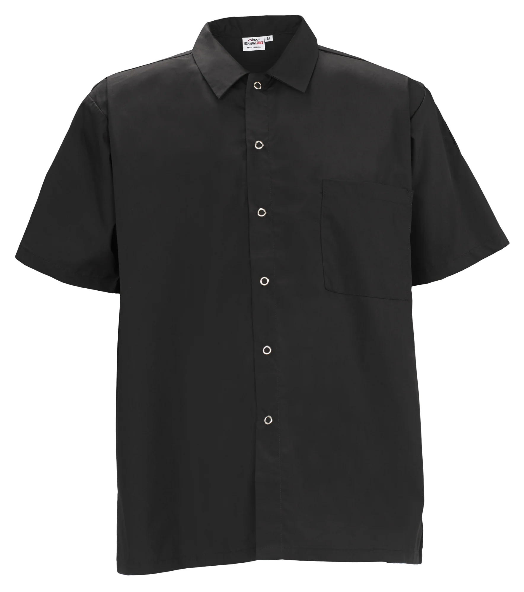 Winco UNF-1KL Cook's Shirt Short Sleeve Snap Buttons Large Black Poly-Cotton