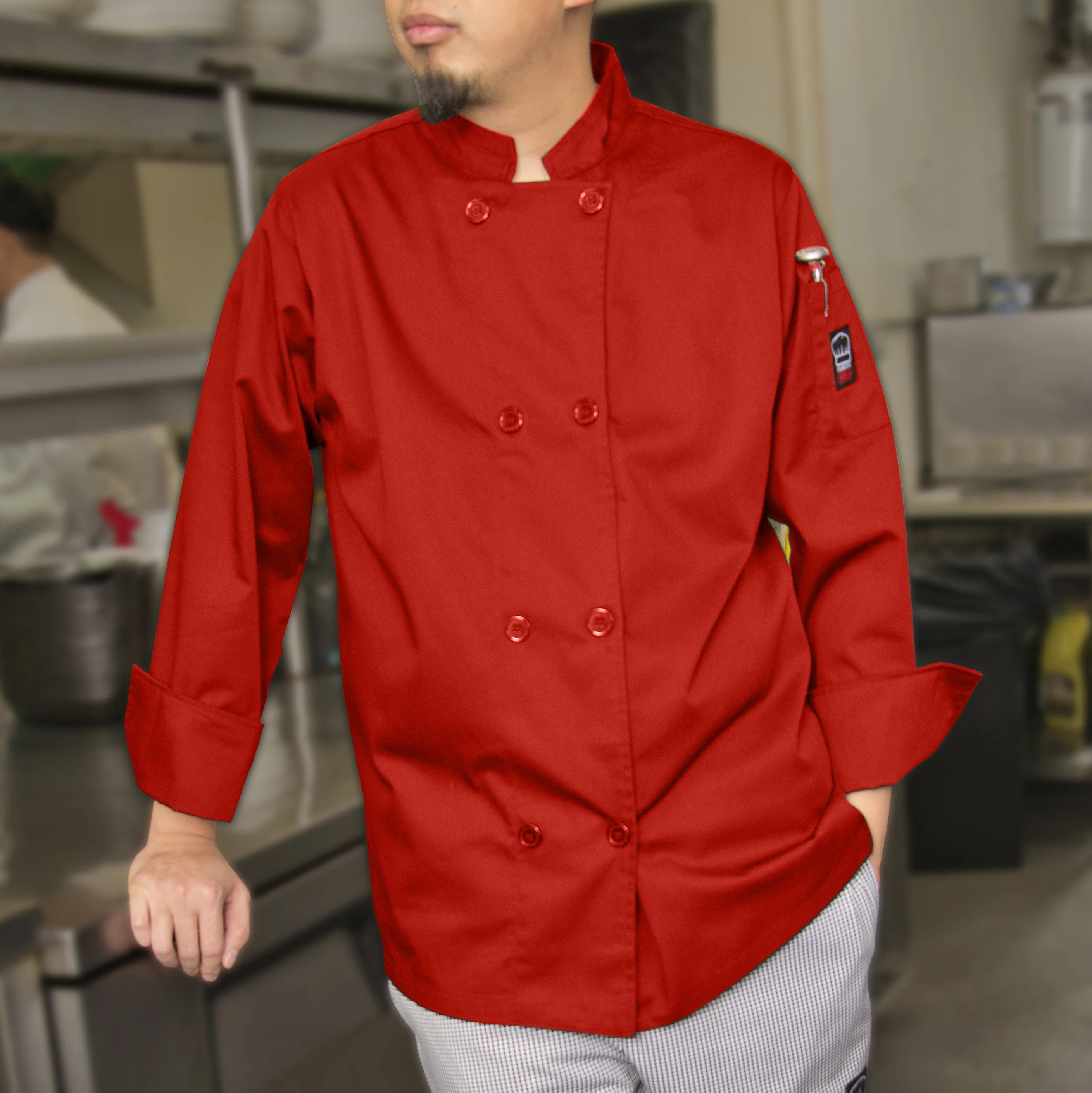 Winco UNF-6RL 20 Inch Red Mulholland Chef Jacket with Thermometer Pocket Poly-Cotton - Image 2