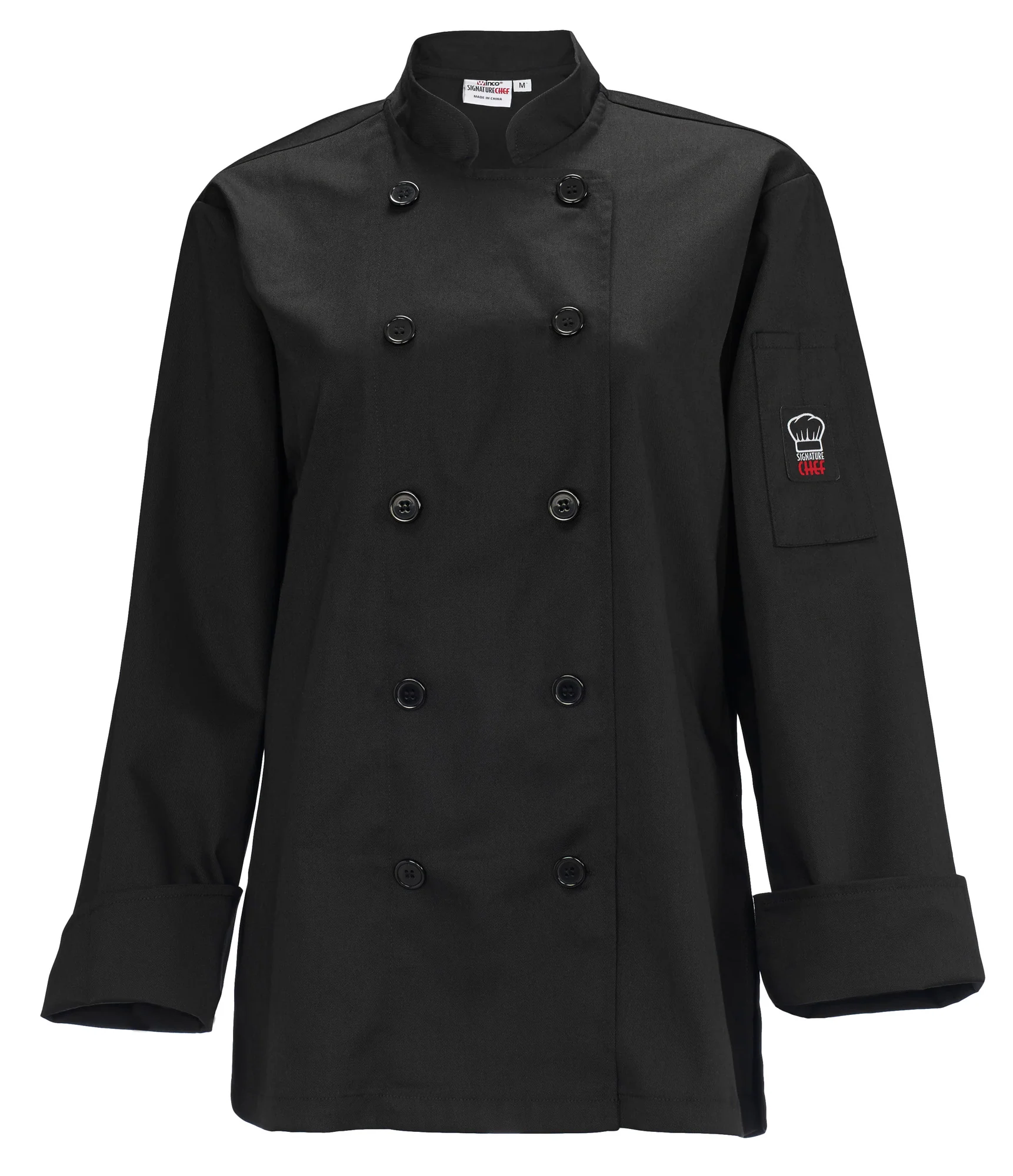 Winco UNF-7KS Small Women's Chef Jacket Tapered Fit Double Breasted Black Poly-Cotton - Image 2