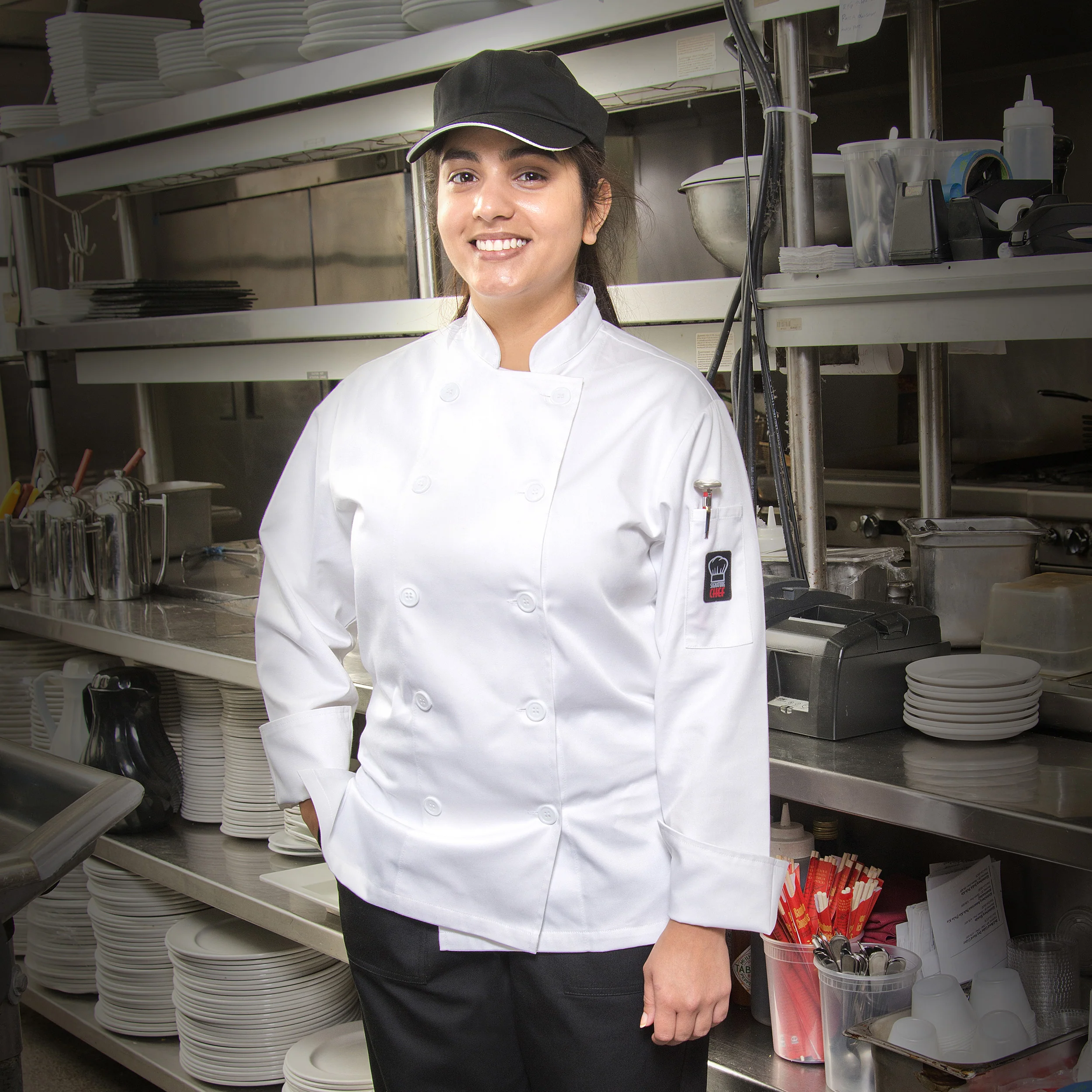 Winco UNF-7WL Large Women's Chef Coat Tapered Fit Double Breasted with Pocket - Image 4
