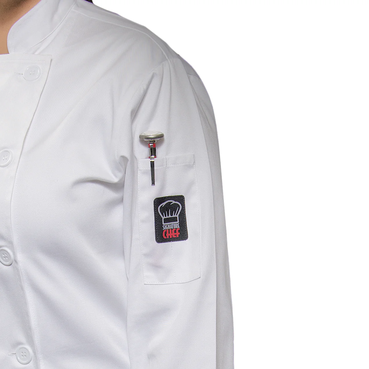 Winco UNF-7WM Medium Women's Chef Jacket Tapered Fit Double Breasted with Pocket Poly-Cotton White - Image 2