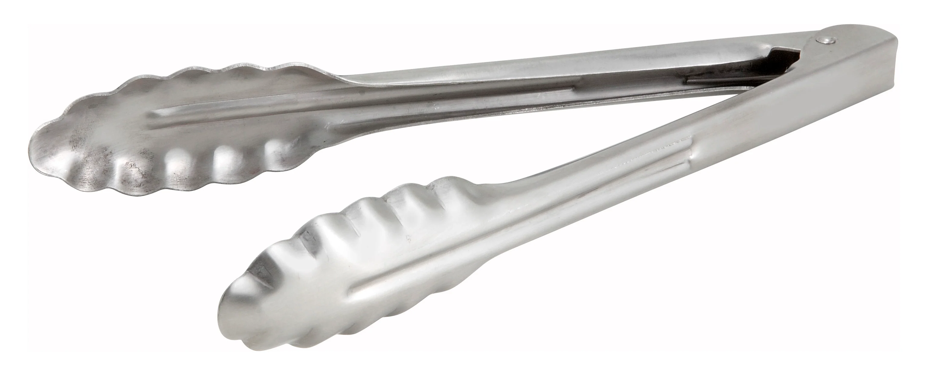 Winco UT-9HT 9 Inch Utility Tongs with Coiled Spring Scalloped Edge Stainless Steel