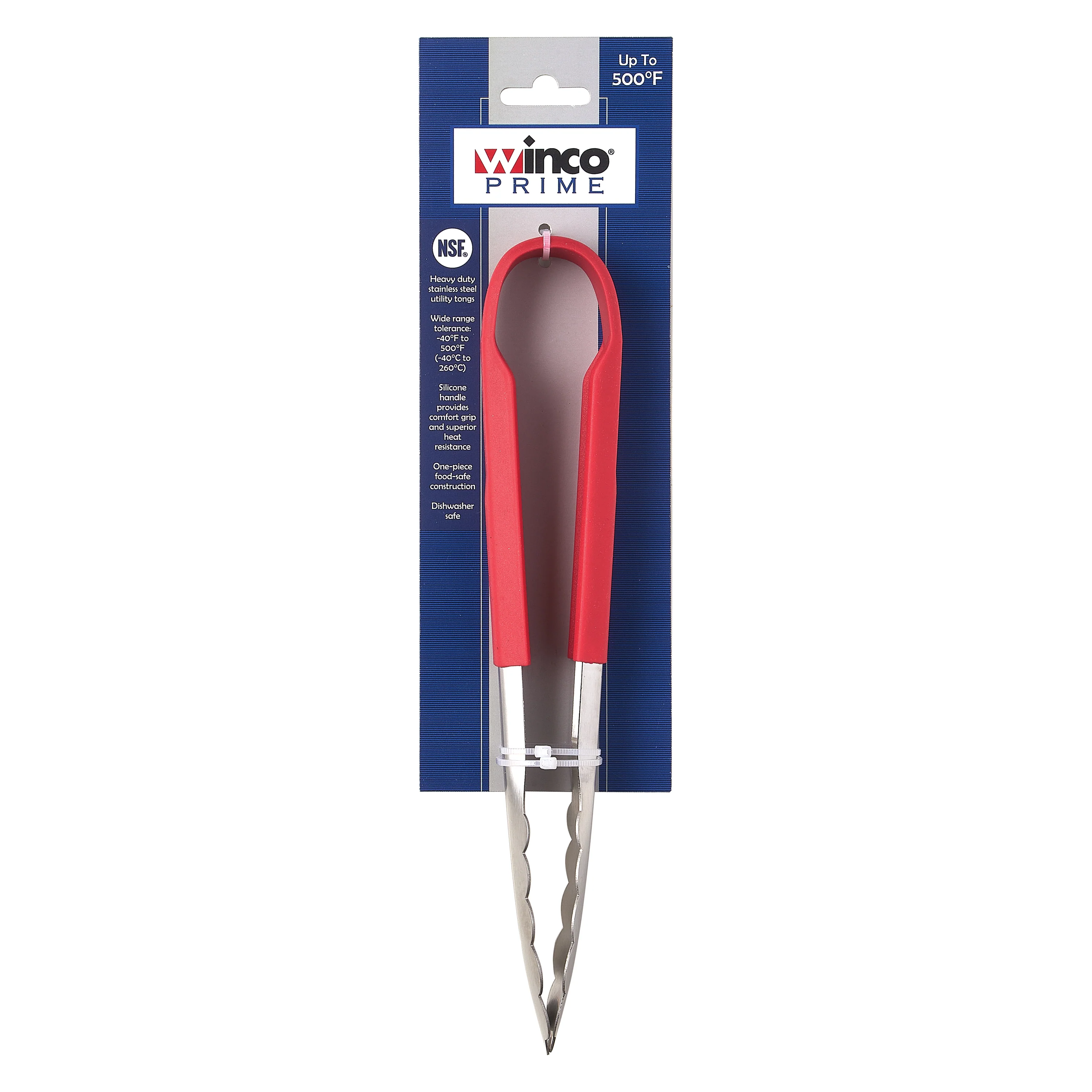 Winco UTSH-9R 9 Inch Stainless Steel Utility Tongs with Red Silicone Handle - Image 3