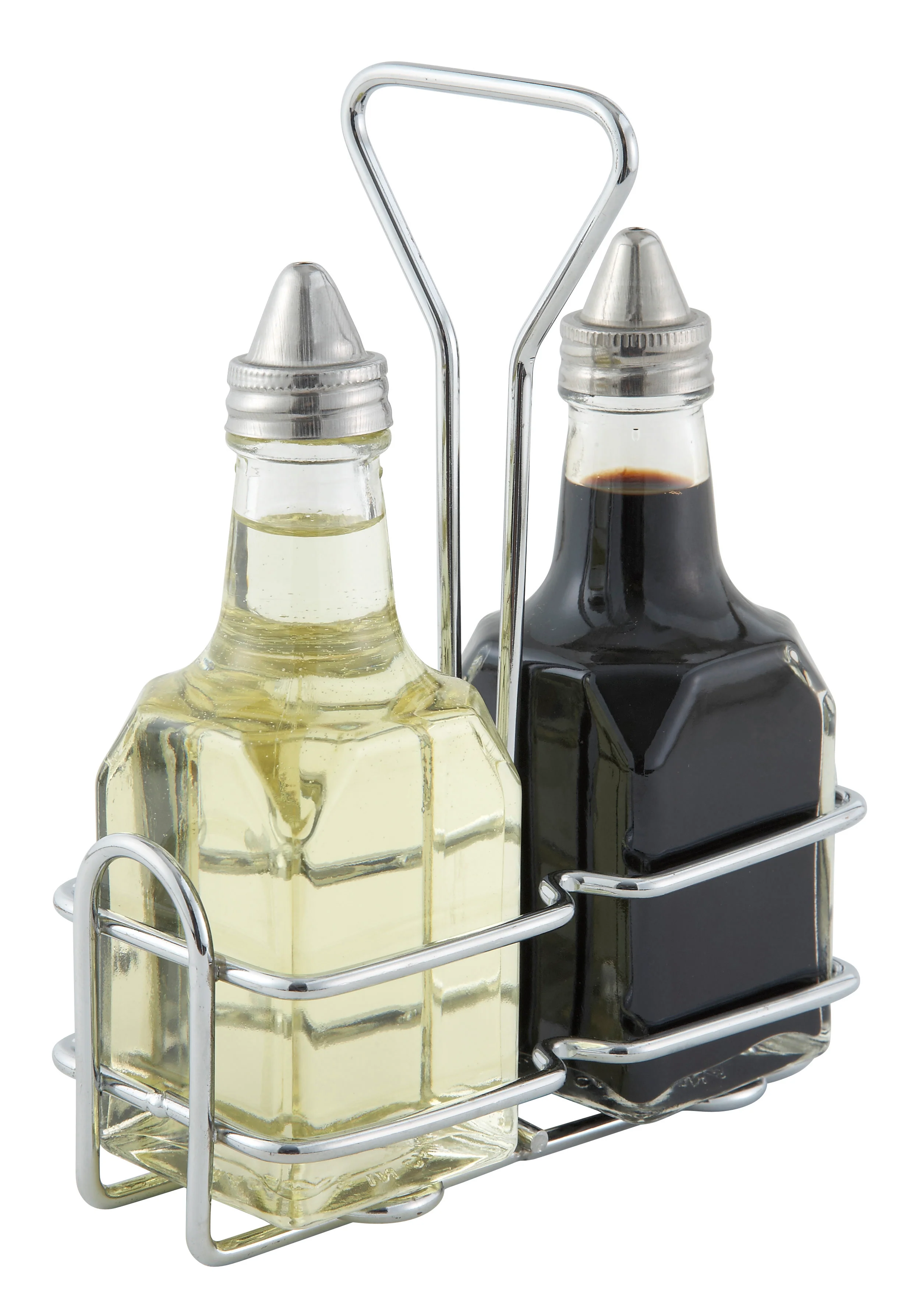 Winco WH-3 Square Oil and Vinegar Cruet Rack Holds Two 6 Oz Containers Chrome Plated Wire - Image 3