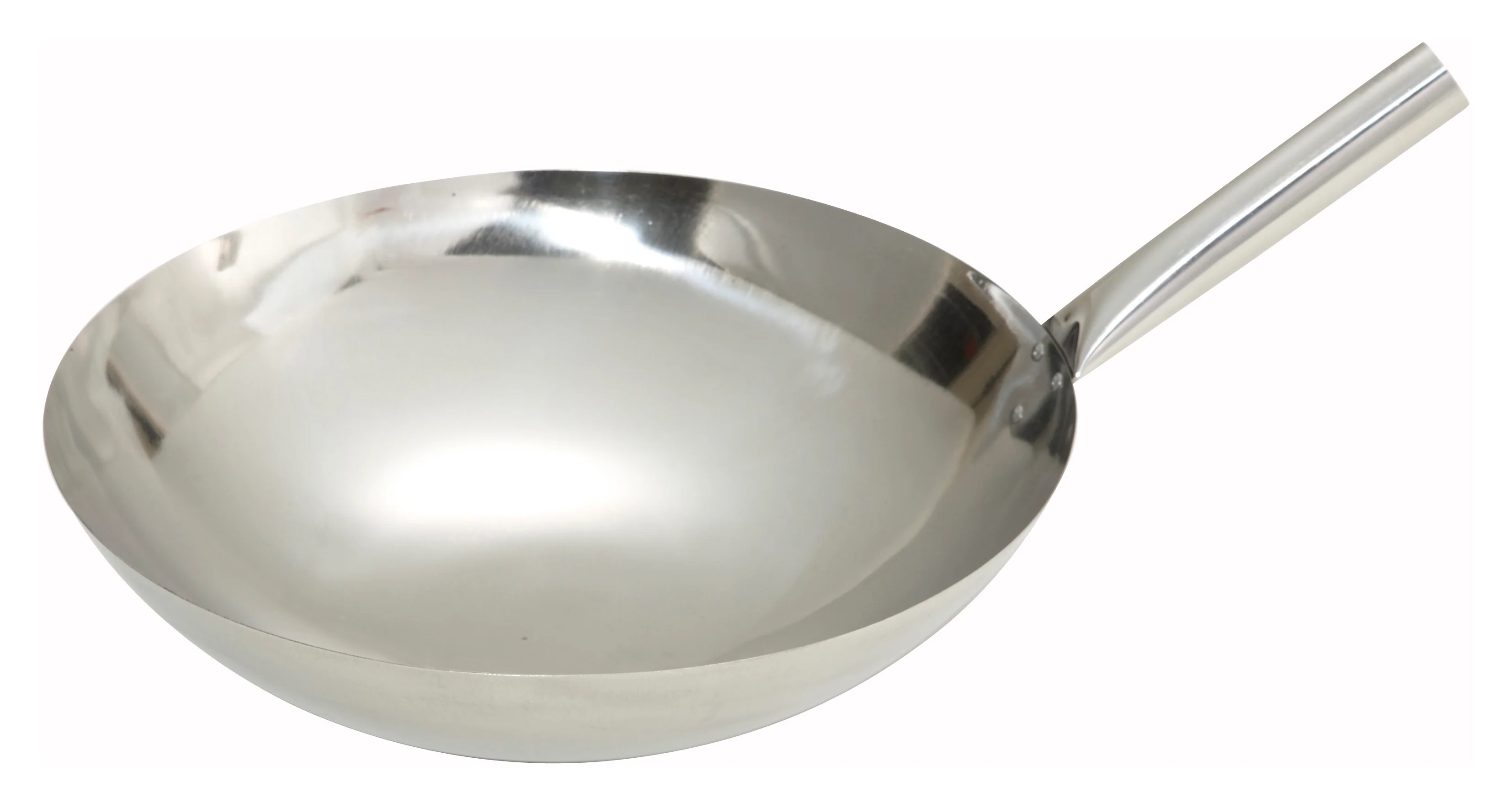 Winco WOK-14N 14 Inch Diameter Round Wok Pan Riveted Handle Stainless Steel Mirror Finish - Image 2