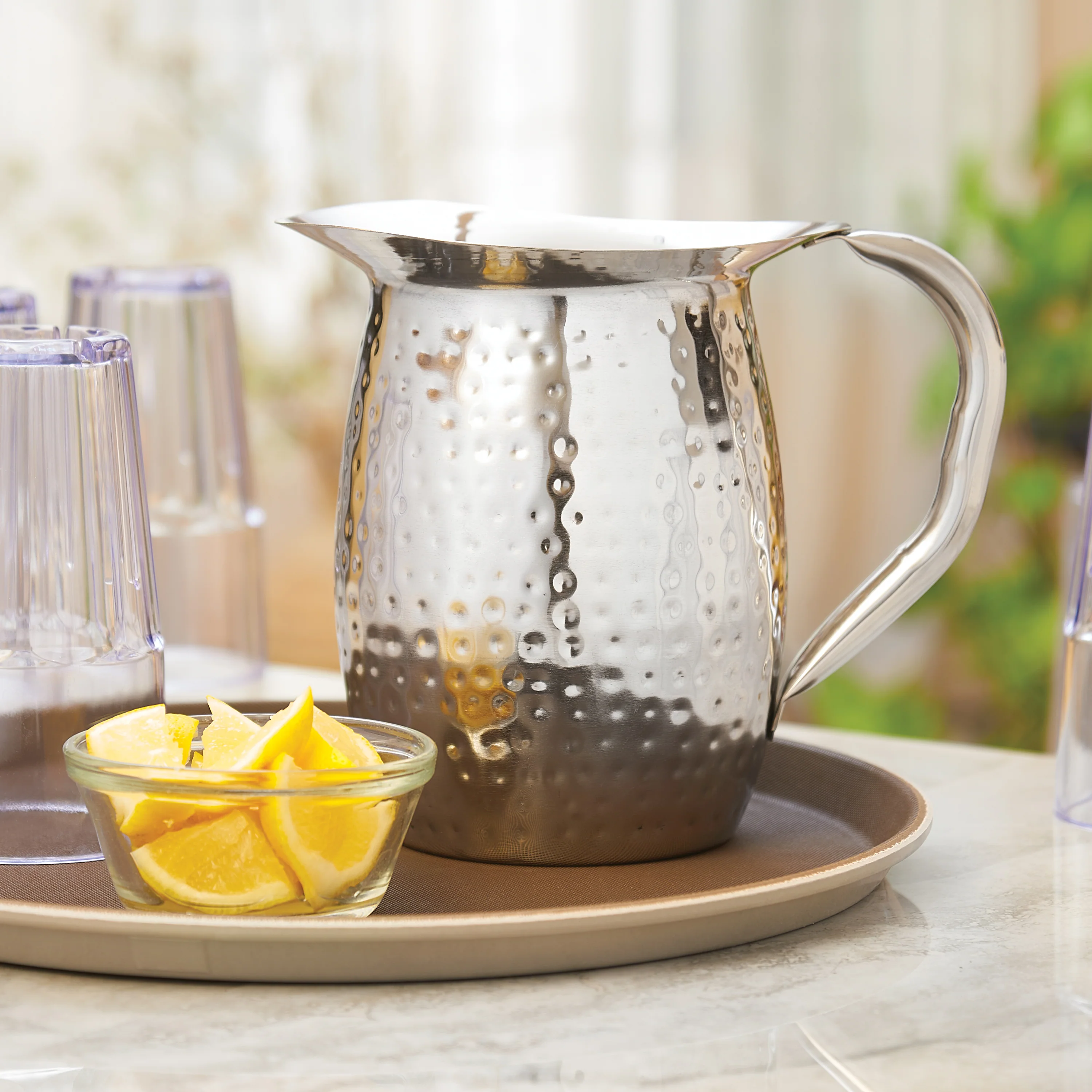 Winco WPB-2H 2 Quart Bell Pitcher with Handle Hammered Stainless Steel Mirror Finish - Image 2