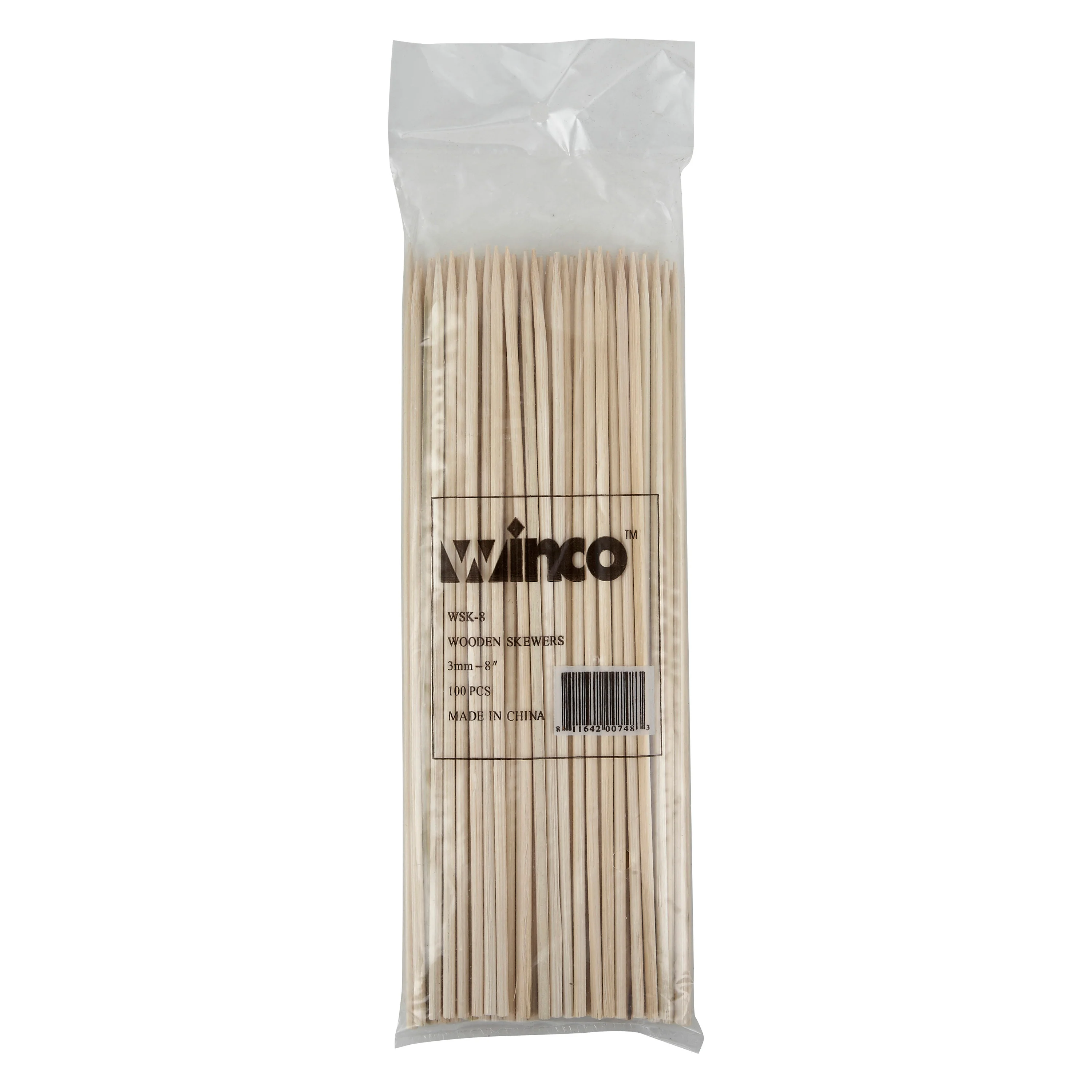 Winco WSK-08 8 Inch Bamboo Skewers Biodegradable 100 Count Bag - Image 2